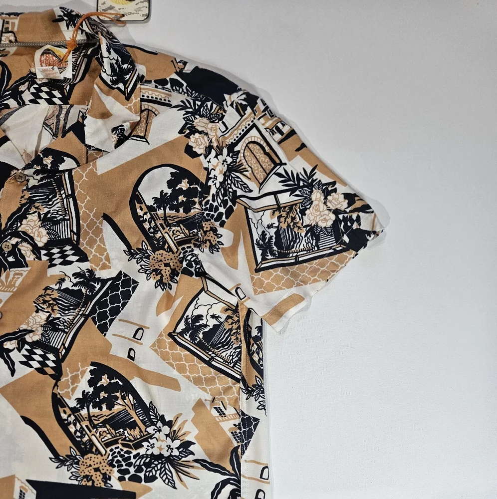 C&C California Mens Button Down Shirt XL Tan Navy Blue Hawaiian Tropical‎ Vaca